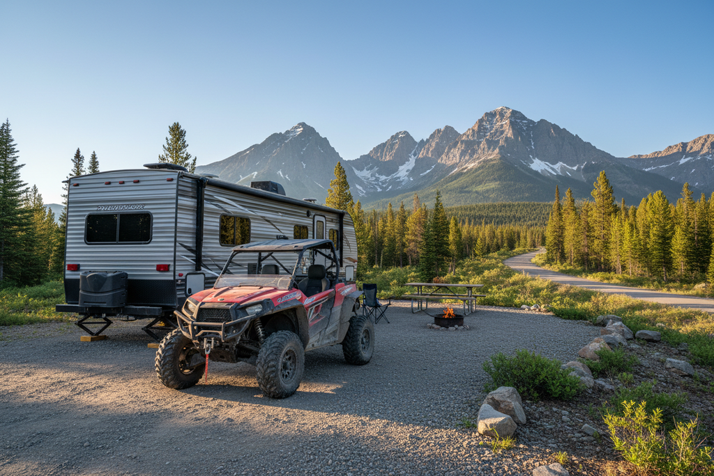 Mountain RV View with Trailer and Side-by-Side